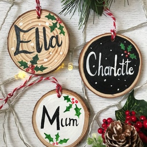 Christmas Wood Slice, Personalised Hand Painted Hanging Christmas Decoration - 6-7cm or 9-10cm - UK based - Custom Ornament