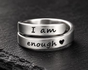 I Am Enough Adjustable Stainless Steel Ring, Inspirational Gift for Her