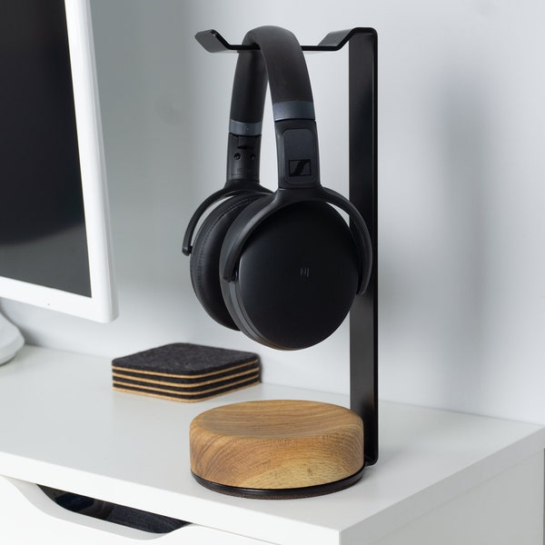 Headphone Stand Wood and Steel - Wood Headphone Stand - Headset Stand - Valentine Gift - Made in Canada - Home Office Gift