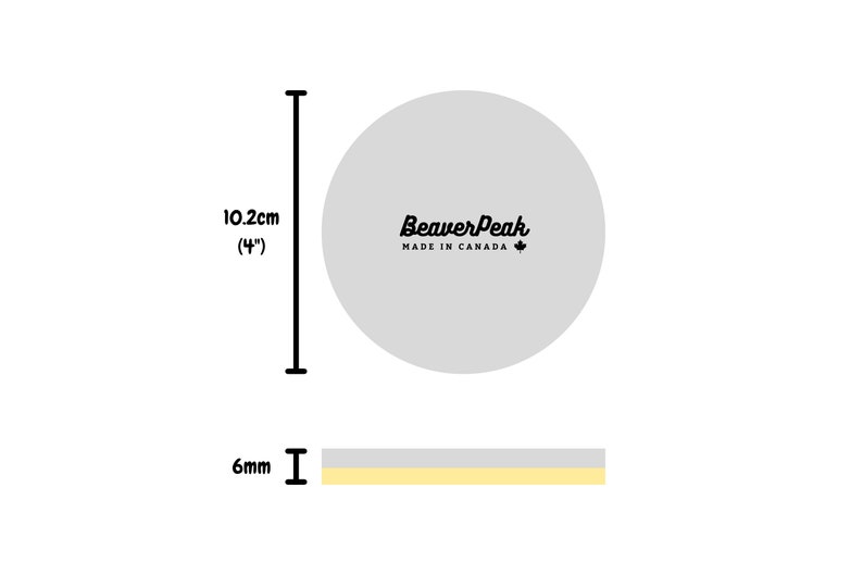 Size Diagram of circular wool felt and cork coasters. Each coaster has a diameter of 4 inches (10.2cm) and a thickness of 6mm.