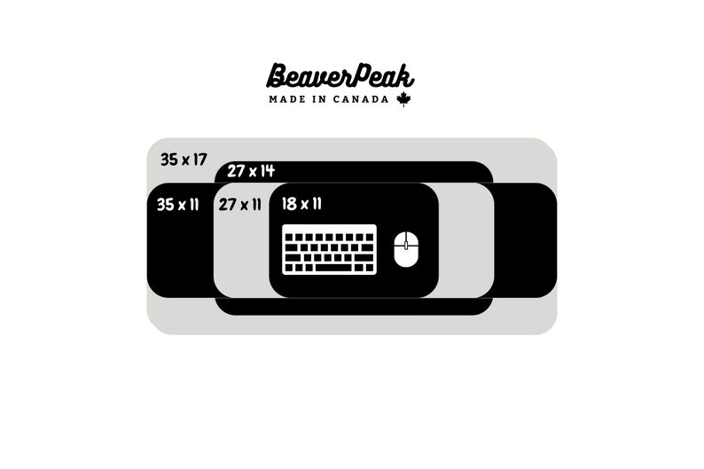 Size guide of merino wool desk mats, showing sizes 35 x 17 to 18 x 11. Custom sizes available between all shown sizes.