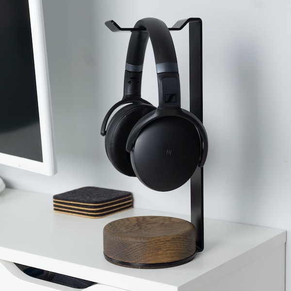 Houten koptelefoonstandaard, gemaakt in Canada, houten en metalen koptelefoonhouder, koptelefoonhouder, gaming-koptelefoonstandaard, kantoorcadeau - antislipbasis