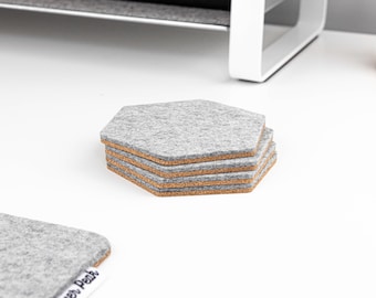 Hexagon Coasters Set - 4 Inch, Soft Wool and Cork, Merino Wool Hexagonal Coaster, Coaster Set of 4,  Non-Slip Coasters, Made in Canada