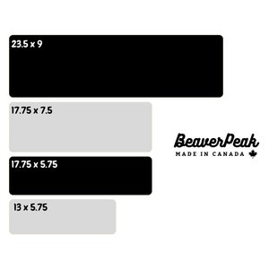 A size diagram of our keyboard mats. The following sizes are shown: 13 x 5.75 inches, 17.75 x 5.75 inches, 17.75 x 7.5 inches, and 23.5 x 9 inches.