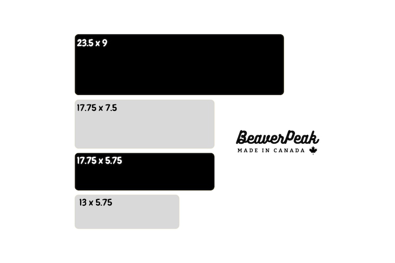 A size diagram of our keyboard mats. The following sizes are shown: 13 x 5.75 inches, 17.75 x 5.75 inches, 17.75 x 7.5 inches, and 23.5 x 9 inches.