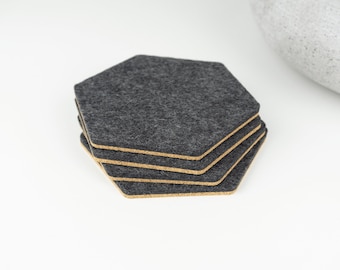 Hexagon Coasters Set - 4 Inch, Soft Wool and Cork, Merino Felt Hexagonal Coaster, Wool Coaster Set of 4,  Non Slip Coasters, Made in Canada