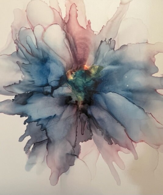 Handmade, Art, Handmade Alcohol Paint Flower In The Morning Frost Blue  Green Orange