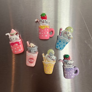 Set of 6 Cat Drink Refrigerator Magnets – Handmade Resin Cat Magnets for Cat Lovers, Perfect Gift for Cat Lovers