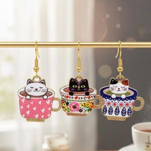 Cat in a Teacup Enamel Earrings | Whimsical Floral & Heart Kitty Jewelry | Cute Cat Dangle Earrings | Tea Lover Gift
