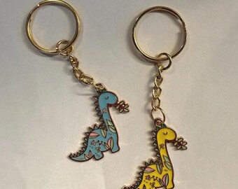 Cute Floral Dinosaur Keychain - Blue or Yellow Enamel Dino Keyring - Unique Prehistoric Pet Gift - Backpack Charm - Dino Lover Accessory