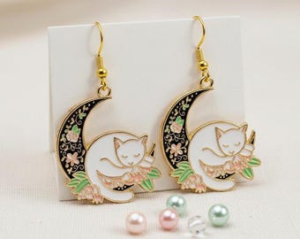 Handmade Cat Moon Earrings: Celestial Feline Jewelry, Sleeping White Cat, Crescent Moon, Floral/Flowers, and Enamel Dangle Earrings