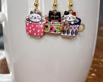 Floral Teacup Cat Earrings | Whimsical Cat Jewelry | Handmade Dangle Earrings | Tea Party Accessories | Unique Gift for Her