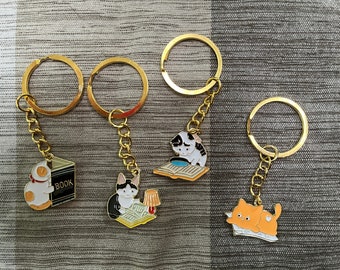 Book Cat Key Chain: Enamel Charm, Cat Lovers Gift