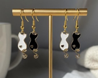 Black Cat Dangle Earrings, Cute Enamel Kitten Jewelry, Animal Lover Gift, Minimalist Cat Silhouette