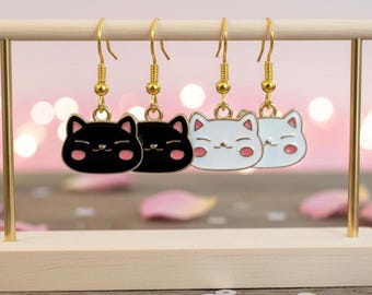 Cute Black or White Cat Face Earrings – Adorable Jewelry for Cat Lovers, Kawaii Chubby Kitty Dangle Earrings, Pet Lover Gift