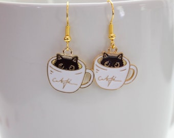 Black Cat Earrings in Coffee Cup – Kawaii Dangle Earrings, Cat Mom Gift, Handmade Coffee Jewelry