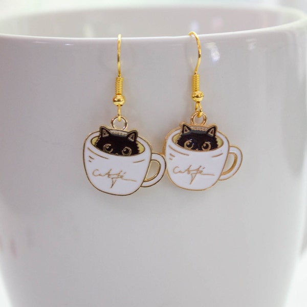 Adorable Coffee Cup with Cat Drop Dangle Earrings, Handmade Gift Idea for Cat Lover, Lightweight Earrings