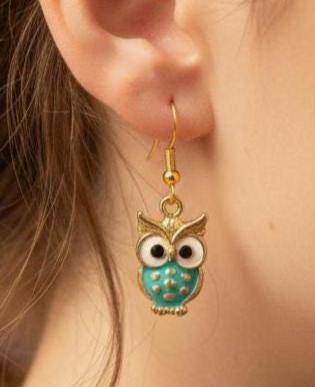 Handmade Gold-Plated Owl Earrings: Whimsical Animal Jewelry,Pink & Teal Enamel Owl Earrings, Cut