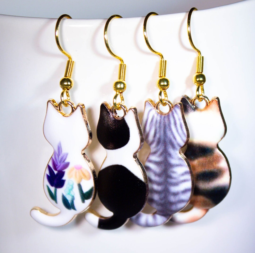 Cat Dangle Earrings Gold Drop Hanging Earrings Cat Jewelry Etsy