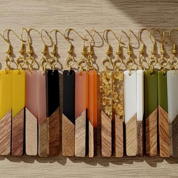 Pendientes de resina y madera, pendientes colgantes geométricos, joyería de resina colorida, pendientes colgantes minimalistas, regalo llamativo