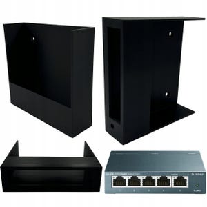 Op de afbeelding: Een zwarte wandbeugel met een open rechthoekig frame en een grijze TP-Link 5-poorts Gigabit desktop switch met het label TL-SG105. De beugel is voorzien van montagegaten op het achterpaneel en een plankachtig ontwerp voor het apparaat.