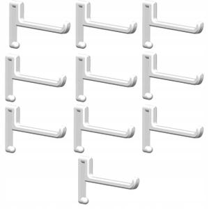 Pode incluir: Um conjunto de dez ganchos de plástico branco para painel perfurado dispostos em grelha. Cada gancho apresenta uma placa de montagem vertical com base arredondada e um braço horizontal que termina numa ponta curvada para cima.