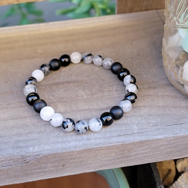 Black Onyx Bracelet, Tourmaline Quartz Bracelet, Clear Quartz Bracelet, Positive Energy Bracelet, Blessings Bracelet, Black and White Beads