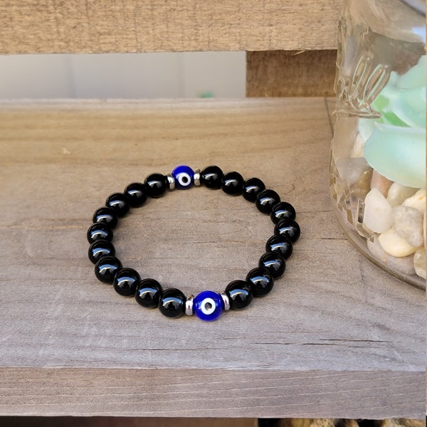 Evil Eye Bracelet, Black Tourmaline Bracelet, Protection Bracelet, Bead Bracelet, Gemstone Stretch Bracelet, Hamsa Bracelet