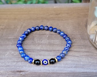 Lapis Lazuli Evil Eye Bracelet, Black Agate, Inner Power Bracelet, Protection Bracelet, Strength Bracelet, Cleansing Bracelet, 6MM Bracelet