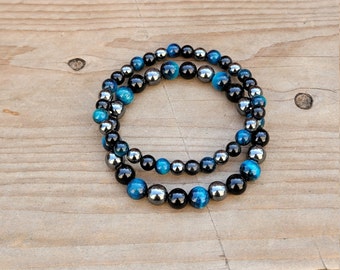 Protection Bracelet Triple, Tigers Eye, Blue Tigers Eye, Hematite, Obsidian Beaded Bracelet, Men's, Women's Bracelet