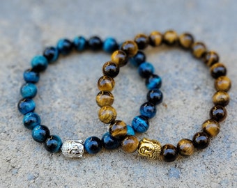 Tiger Eye Bracelet | Blue Tiger Eye Bracelet | Buddha Head Bracelet | Stretch Bracelet | Men's Jewelry | Woman's Jewelry | Protection