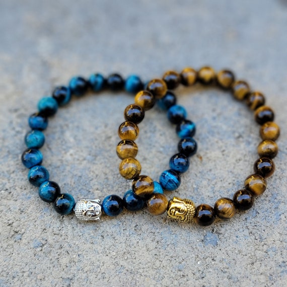 Tiger Eye Bracelet | Blue Tiger Eye Bracelet | Buddha Head Bracelet | Stretch Bracelet | Men's Jewelry | Woman's Jewelry | Protection