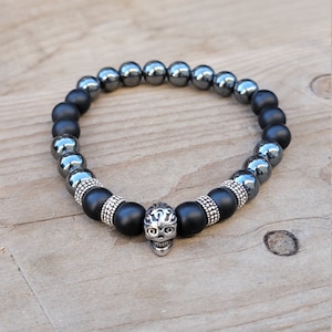 Skull Bracelet Bead, Halloween Bracelet, Men&#39;s Bracelet, Stainless Steel, Skeleton Bracelet, Black Stretch Bracelet