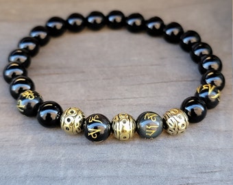 Mantra Bracelet, Tibetan Bracelet, Buddhist Bracelet, Black Obsidian Bracelet, Mens Beaded Bracelet, Womens Bracelet, Mens Bracelet,