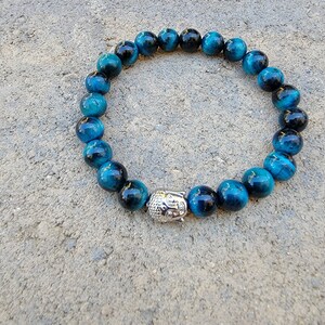 Tiger Eye Bracelet | Blue Tiger Eye Bracelet | Buddha Head Bracelet | Stretch Bracelet | Men's Jewelry | Woman's Jewelry | Protection image 3