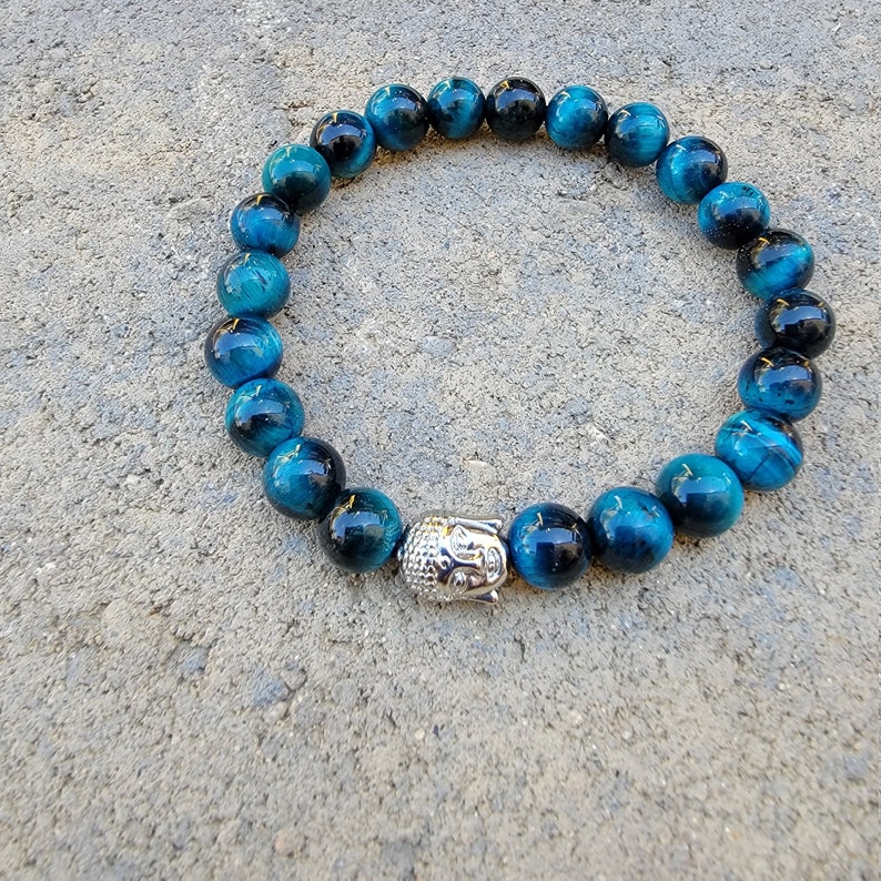 Tiger Eye Bracelet | Blue Tiger Eye Bracelet | Buddha Head Bracelet | Stretch Bracelet | Men's Jewelry | Woman's Jewelry | Protection image 3