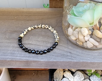 Dainty Bracelet, Dalmatian Jasper Beaded Stretch Bracelet, Healing Bracelet, Black Onyx Bracelet, Faceted Black Onyx Bracelet, Mala Bracelet