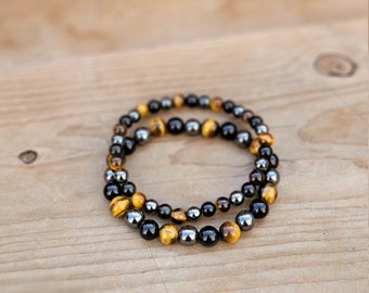 Protection Bracelet Triple, Tigers Eye, Tiger Eye, Hematite, Obsidian Beaded Bracelet, Men's, Women's Bracelet