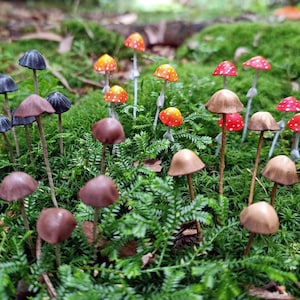 Fairy garden kit fake mushrooms, Mushroom sculpture for terrarium decor, Plant stake Fungi.