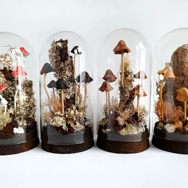 Mushroom terrarium, Mushroom sculpture in glass cloche.