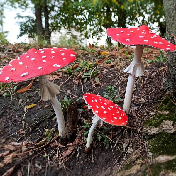 Magic mushrooms spotted, Fairy garden kit realistic mushrooms, Outdoor decor mushroom kit.