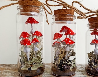 Mushroom Terrarium Jar: Christmas Ornament, Fairy Jar, Enchanted Forest Decor.