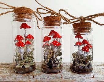 Mushroom terrarium jar, Mushroom ornament christmas, Mushroom decor.