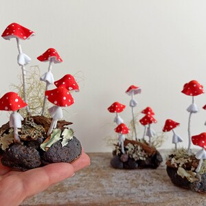 Mushroom decor Amanita, toadstools. Miniature composition of Red mushrooms.
