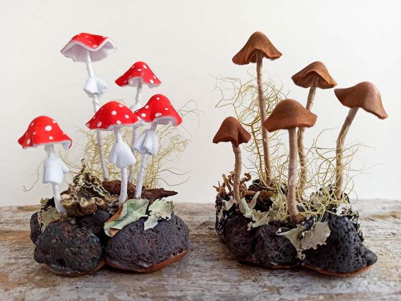 Mushroom decor Amanita, toadstools. Miniature composition of magic mushroom.