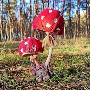 Textile mushroom toadstool, Table sculpture fly agaric, Amanita art.