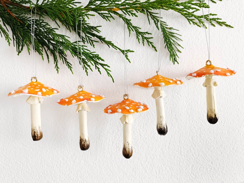 Magic mushroom ornament set of 5pcs. Yellow mushrooms for christmas tree decor.