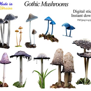 Adesivi digitali funghi gotici, adesivi funghi, SVG psichedelico, adesivi stampabili PNG.