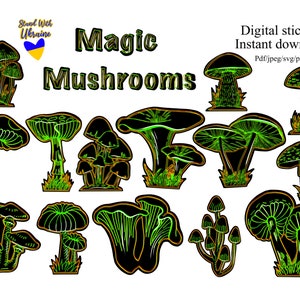 Adesivi digitali con funghi magici, adesivi con funghi luminosi, SVG psichedelico, adesivi stampabili PNG.
