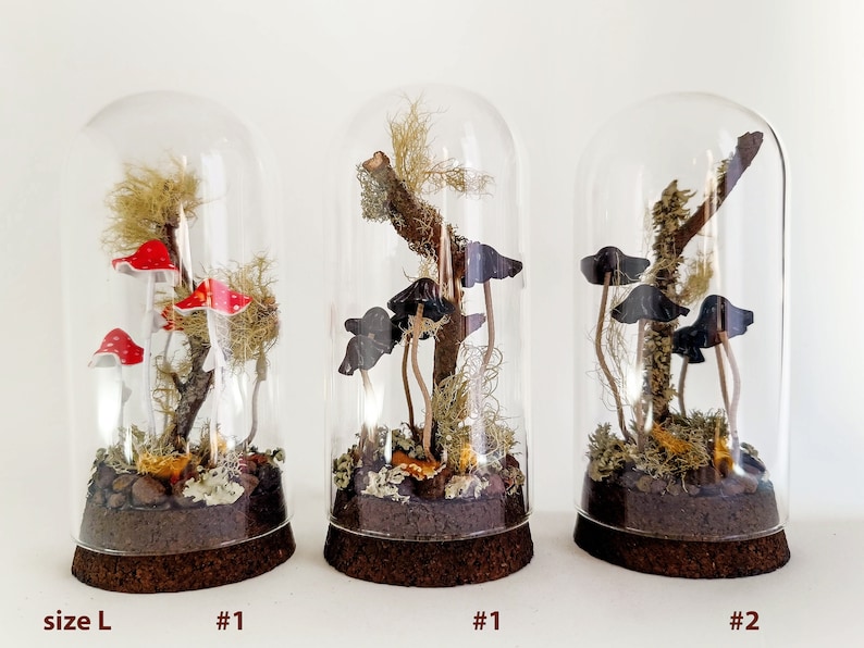 Mushroom terrarium, Handmade mushroom decor in glass cloche. image 4